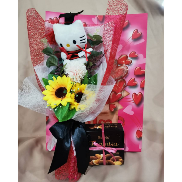 Graduation Kitty with Artificial Sunflower bouquet and Chocolate Gift ...