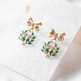 Flower Wreath Bedazzling Christmas  Handmade Gold Earring