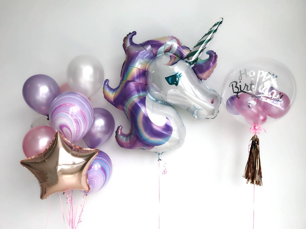 24" Bubble Balloon with Unicorn Balloon Bouquet in Pink, Purple & White
