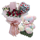 Fragrance Artificial Flower with Fluffy Rainbow Teddy Bear (Penang Delivery Only)
