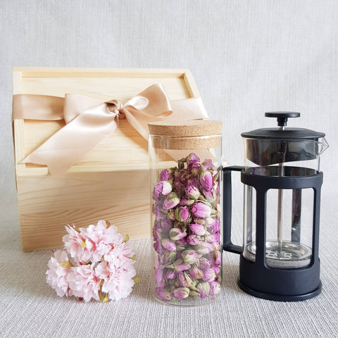 FLOWER TEA PINE WOOD GIFT SET 01 - FRENCH ROSE (KLANG VALLEY DELIVERY)