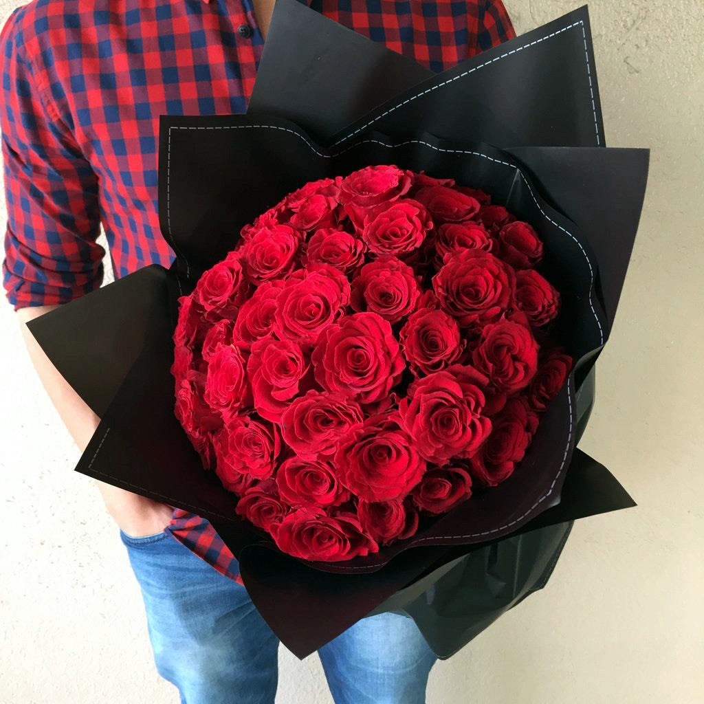 Red in Black (24 Red Roses wrapped in black) - Valentine's Day 2021