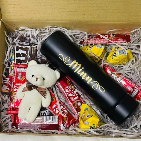 "Sweet Love" Surprise Box Set with Personalised Smart LED Thermos, Chocolates & Mini Teddy Bear Keychain (Klang Valley Delivery)