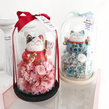 Congratulatory Preserved Flower Glass Dome With Fortune Cat