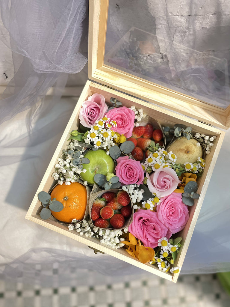 Fresh Fruits Flowers In Wooden Box (Kota Kinabalu Delivery Only