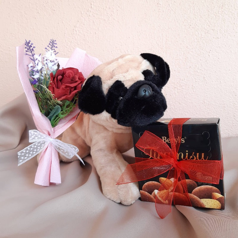 Pug with Heart Soft Toy, Chocolate and Artificial Mini Mixed Flowers and Rose Bouquet Gift Set (Klang Valley Delivery)