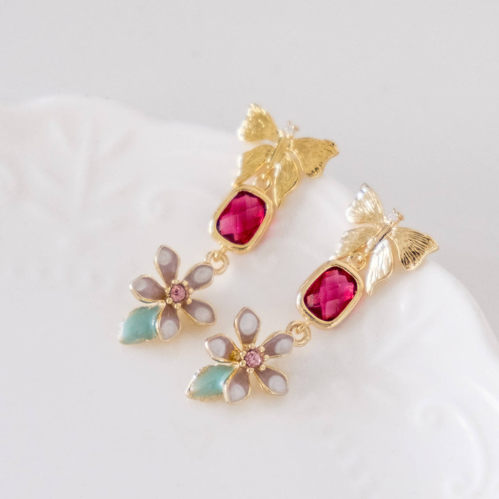 Little Pink Flower Butterfly Red Crystal Gold Earring Chinese New Year 2024
