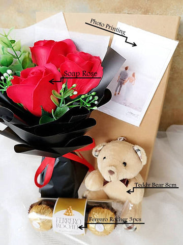 3 Stalks Soap Roses Teddy Bear With Ferrero Rocher 3pcs (Nationwide Delivery)