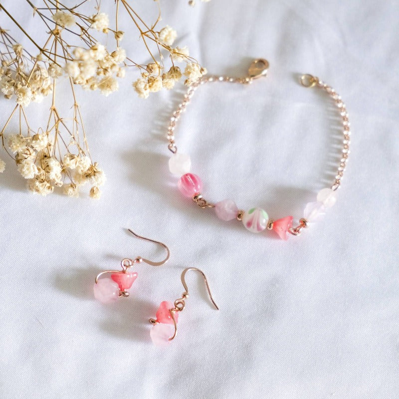 Modern Peranakan Colour Inspired Rose Gold Handmade Bracelet Earring Set (Pink)