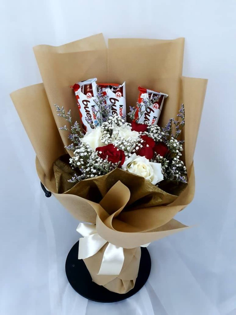 Red and White Roses with Chocolates Bouquet