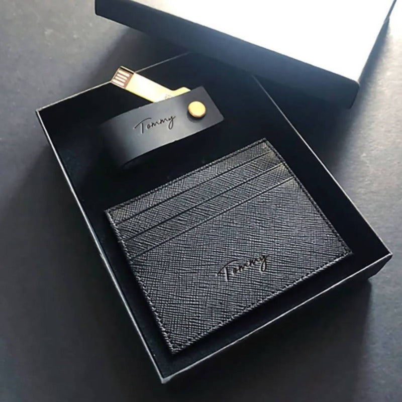 For Him Leather Gift Set D - USB + Multi Card Slot Slim Wallet
